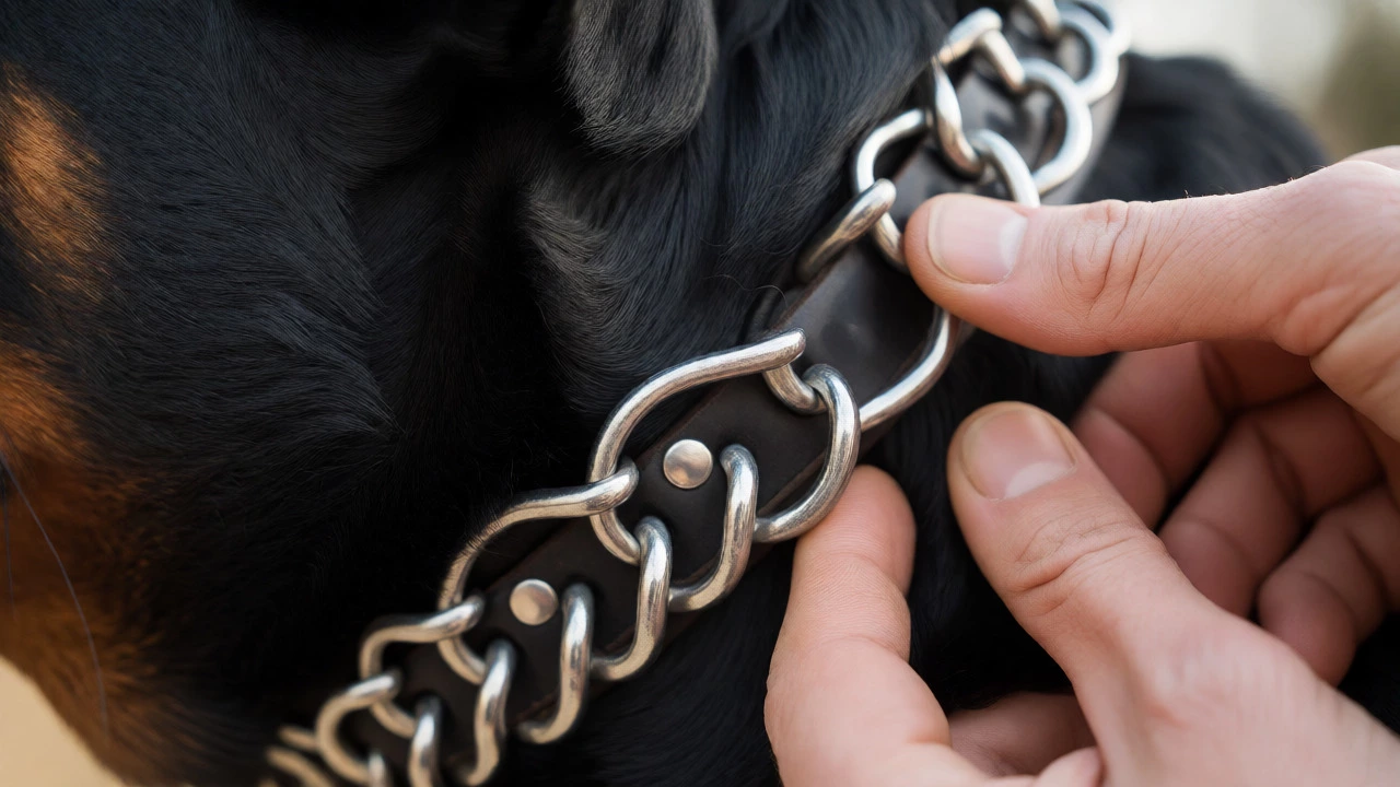 Close-up of a Rottweiler wearing a correctly fitted prong collar high on the neck.