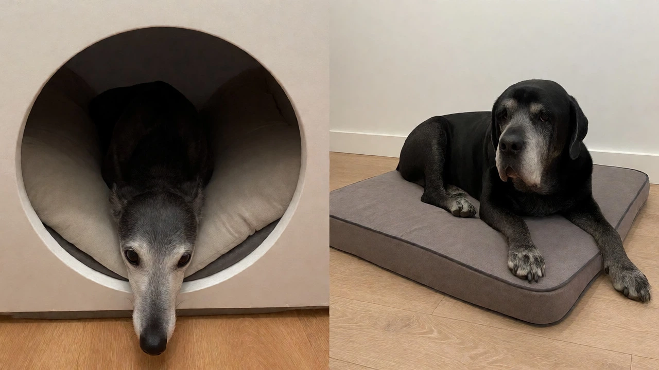 Comparison of a dog in a round bed vs one on a square mat