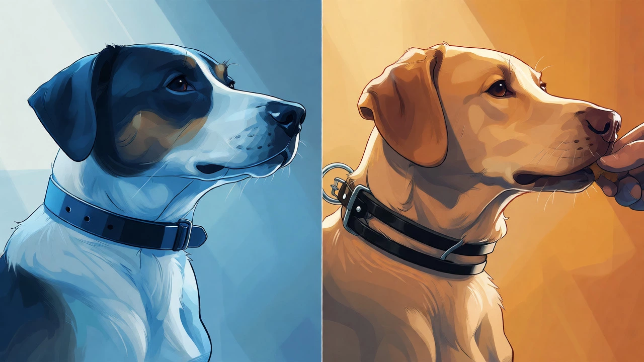 Conceptual split image comparing flat collar stress versus prong collar calmness with treats.