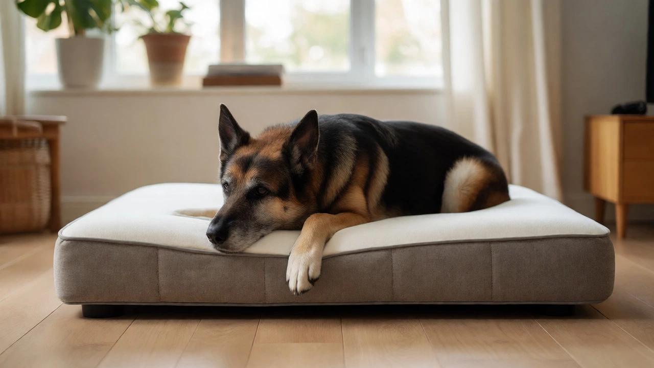 Elderly German Shepherd resting comfortably on a new, supportive orthopedic dog bed.