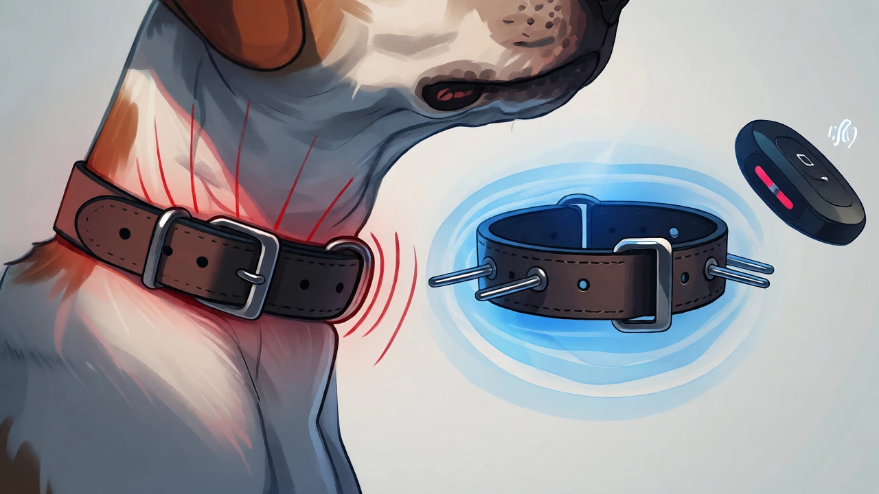 Illustration comparing the pressure distribution of flat collars versus prong collars on a dog's neck.