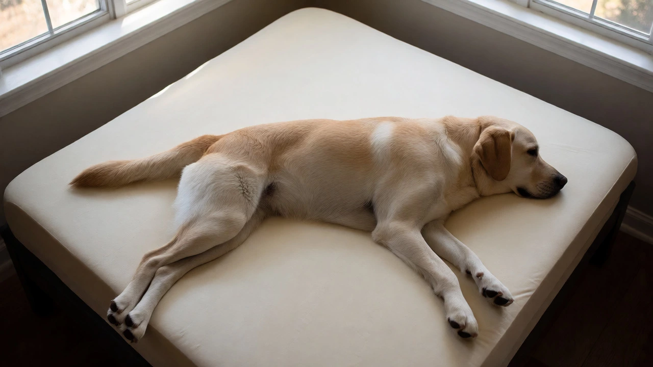 Large dog stretching out on a square orthopedic bed
