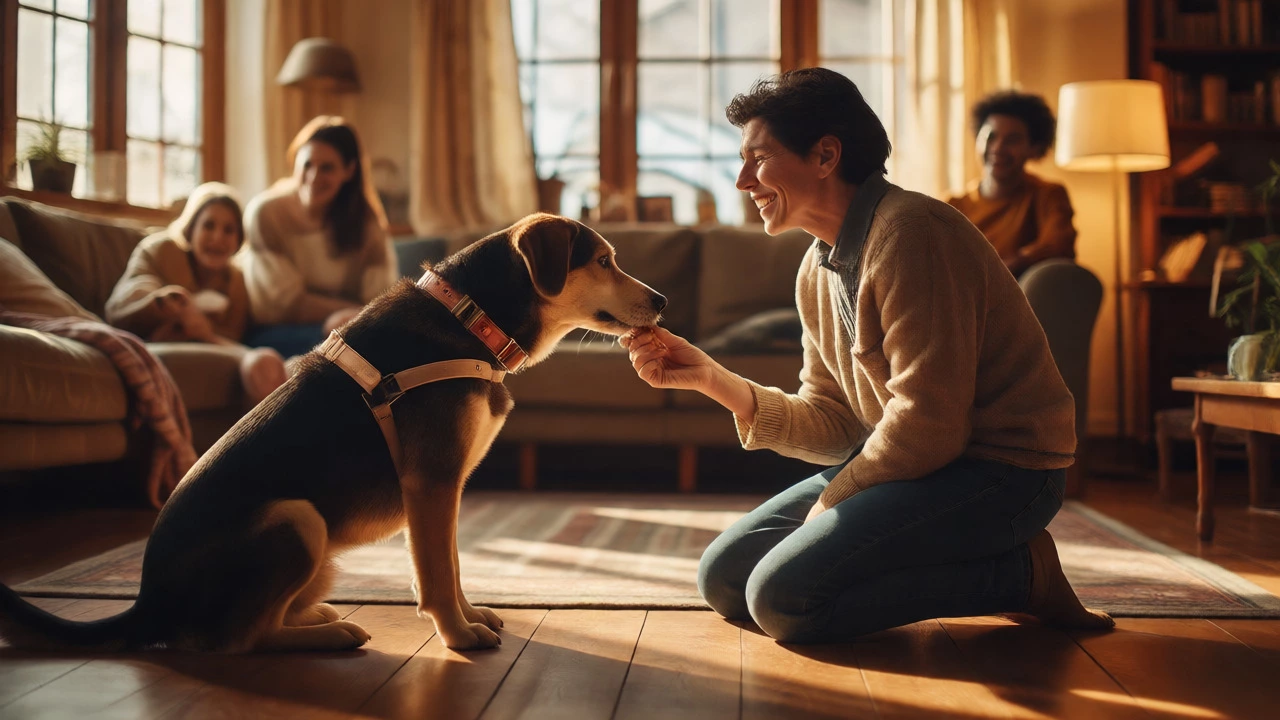 Person giving treat to dog with harness in cozy living room