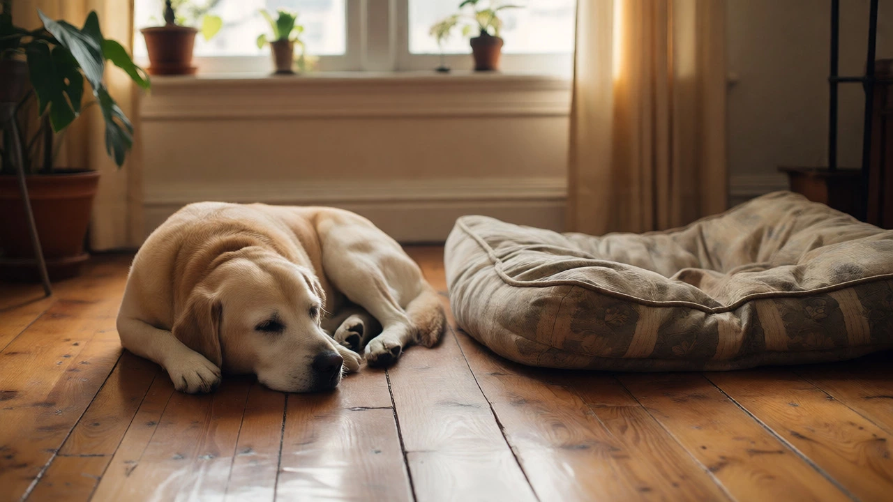 Senior dog sleeping on a hard wooden floor next to an old, ignored dog bed.